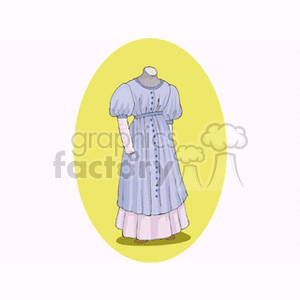 A clipart image of a vintage dress with puff sleeves, buttons down the front, and a layered skirt in a pastel color. The dress is displayed on a mannequin and set against an oval yellow background.