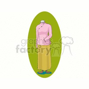 A clipart image of a traditional outfit consisting of a pink long-sleeved top with an asymmetrical collar and a yellow skirt, displayed against a green oval background.