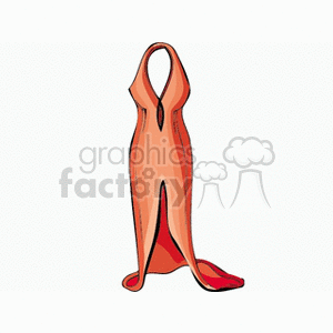 Clipart image of an elegant, sleeveless evening gown in shades of orange and red with a slit in the front.