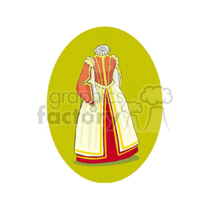 A clipart image of a historical period dress in an oval frame. The dress features intricate designs with red and white colors, puffed shoulders, and a ruffled collar.
