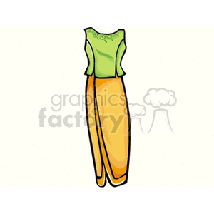 A clipart image of traditional clothing featuring a green top and yellow long skirt.