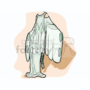 A clipart image of a ghostly costume with flowing sleeves and a layered, loose-fitting design, set against an abstract background.