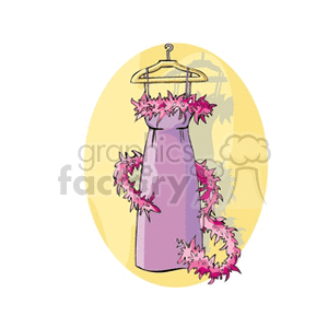 Clipart image of a purple dress with pink feather boa on a hanger against a yellow oval background.