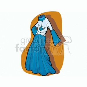 A clipart image depicting a stylish long dress with a blue skirt and a white top featuring flared sleeves.