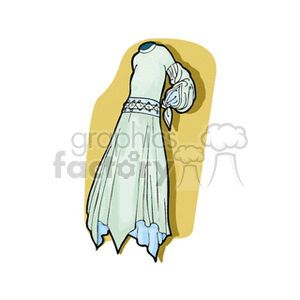 A clipart image of a light green dress with long sleeves and a decorative belt.