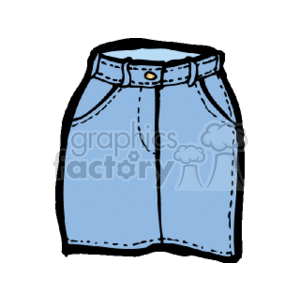   The clipart image shows a denim skirt. It features the typical elements of jeans-style clothing, such as a waistband with belt loops, a front closure that
