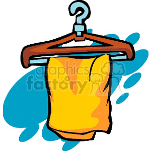 Clipart image of a yellow dress hanging on a wooden hanger with a blue splash design background.