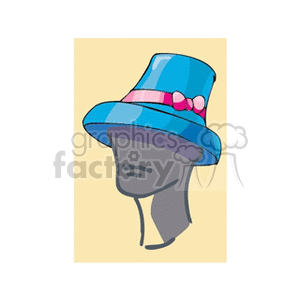 Clipart illustration of a mannequin head wearing a blue hat with pink ribbon and pink bow.