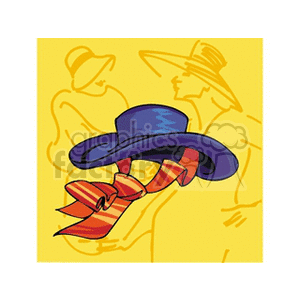 Clipart image of a blue hat with an orange and yellow striped ribbon, set against a yellow background with faint outlines of people wearing hats.