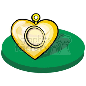 A golden heart-shaped locket displayed on a green circular platform, illustrated in a cartoon style.