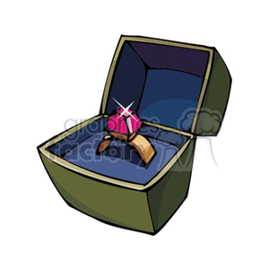 Clipart of a gold ring with a red gemstone in an open box with a blue interior.