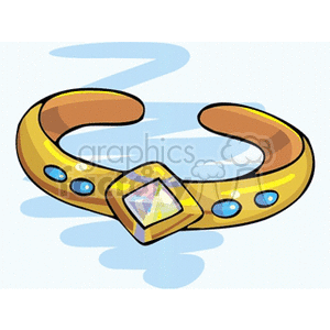 A clipart image of a gold bracelet with a large central diamond-shaped gem and smaller blue stones embedded along the band.