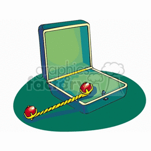 Illustration of an open suitcase with a scepter inside. The scepter has a twisted yellow handle and red orb-like ends.