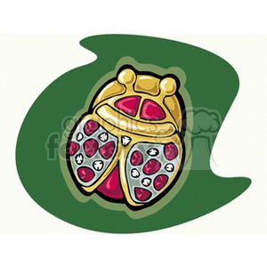 A clipart image of a brightly colored decorative ladybug brooch against a green background.