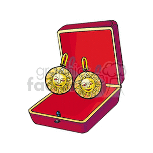 A pair of sun-themed earrings displayed in a red jewelry box.