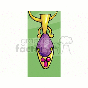 Clipart of a gold pendant featuring a large purple gemstone, likely an amethyst, with smaller red gemstones, possibly rubies, on a green background.