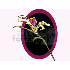 Illustration of a flower-shaped jewelry pin with gold and pink accents set against a black oval background.