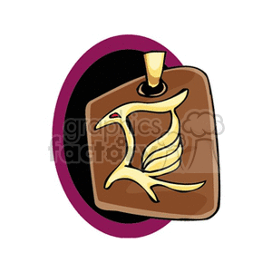 Clipart image of a golden phoenix-like symbol on a brown pendant with a red gem, surrounded by a purple oval.