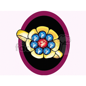 A clipart image of a colorful, vintage ring with a yellow flower design, centered around a red gemstone, and surrounded by blue gemstones, set in an oval frame with a purple border.