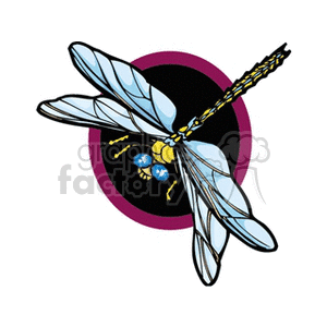 A blue dragonfly clipart with detailed wings and a purple circular background.