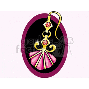 Clipart illustration of a gold and pink sea shell earring with red gemstones set against a black oval background.