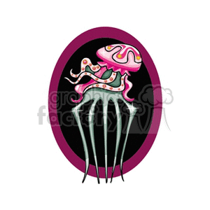 A colorful jellyfish hairpin with pink and green hues on a dark oval background.