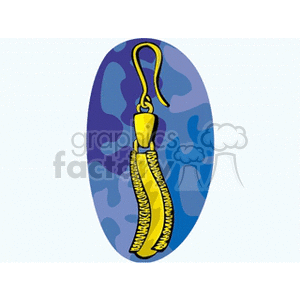 Clipart image of a gold earring with a hook and decorative tassel against a blue and purple abstract background.