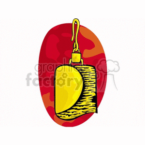 An illustration of a gold earring with a red oval background.