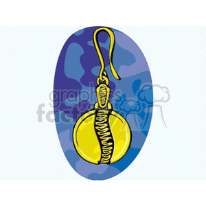 Illustration of a yellow circular earring with a hook against a blue and purple abstract background.