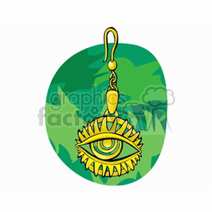 A golden eye-shaped earring with a decorative hook against a green abstract background.