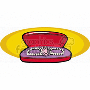 Clipart image of an open jewelry box with a pearl bracelet featuring a pink gemstone centerpiece.