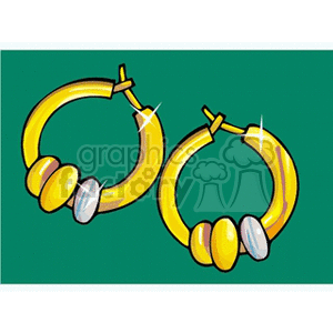 Clipart image of shiny yellow hoop earrings with decorative beads on a green background.