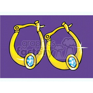 A pair of gold hoop earrings with blue gemstones against a purple background.