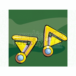 Clipart of two yellow geometric earrings with a triangular design and a circular blue gem on a green background.