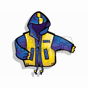 Colorful clipart image of a hooded jacket with yellow and blue colors, featuring pockets and a zip-up front.