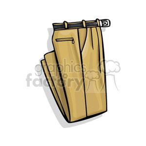 This clipart image features a pair of beige trousers with a black belt. The trousers are neatly folded, and there is a visible side pocket. The graphic style suggests a casual or business casual wardrobe item.