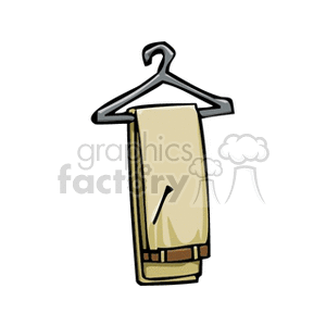 A clipart image of a pair of beige pants hanging on a black hanger.