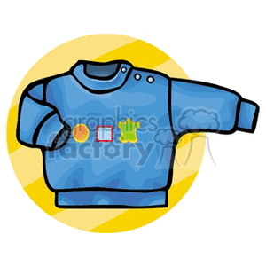 Blue children's sweater with colorful shapes in a clipart style.