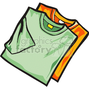 Illustration of two folded shirts, one green and one orange.