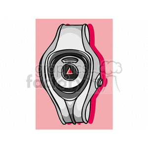 A modern and sleek digital wristwatch with a triangular button on the watch face, set against a pink background. The design is minimalistic with smooth lines and a futuristic look.