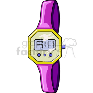 A digital wristwatch with a purple strap and a yellow frame, displaying the time of 6:11 on its screen.