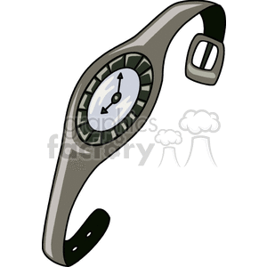 A clipart image of a wristwatch with a grey strap and a simple analog face showing two hands.