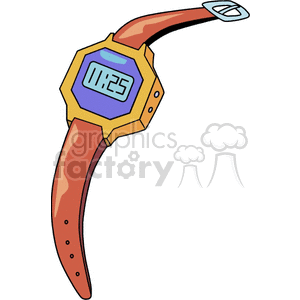 A colorful clipart image of a wristwatch with a digital display showing the time 11:25. The watch has a brown strap and a yellow hexagonal frame around the blue screen.
