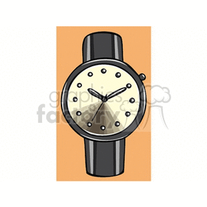 Clipart of a wristwatch. The watch has a round face with black hour markers and a black strap.