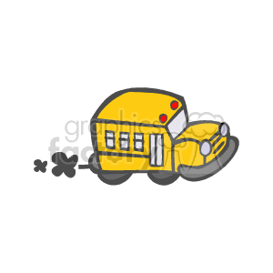 The clipart image depicts a stylized yellow school bus with simple and cute characteristics. It has black smoke puffs coming out from the exhaust, indicating motion or the engine running. The windows are represented by simple rectangles.