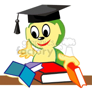 A cartoon bookworm wearing a graduation cap, surrounded by colorful books, representing education and learning.