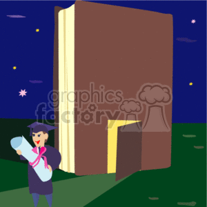 A large Book at night with a man in a Cap and Gown