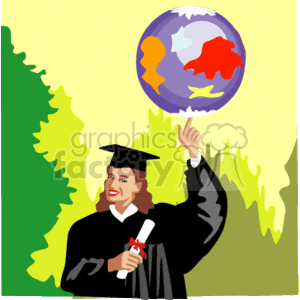 The clipart image illustrates a person wearing a graduation cap and gown, holding a diploma in one hand and balancing a stylized globe on the other hand. The background has an abstract green and yellow design, possibly suggesting a celebratory and optimistic atmosphere.