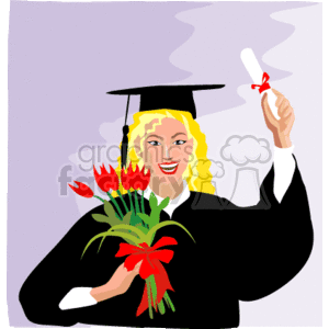 This clipart image shows a smiling graduate holding a diploma in one hand and a bouquet of flowers in the other. The graduate is wearing a traditional black graduation gown and cap, commonly referred to as a mortarboard. The background is simple with subtle shades of purple and white.
