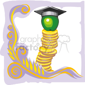 The clipart image depicts a stack of gold coins with a green apple on top, wearing a black graduation cap. There is also a decorative purple scroll element with gold accents on the left side that appears to be unfurled. 